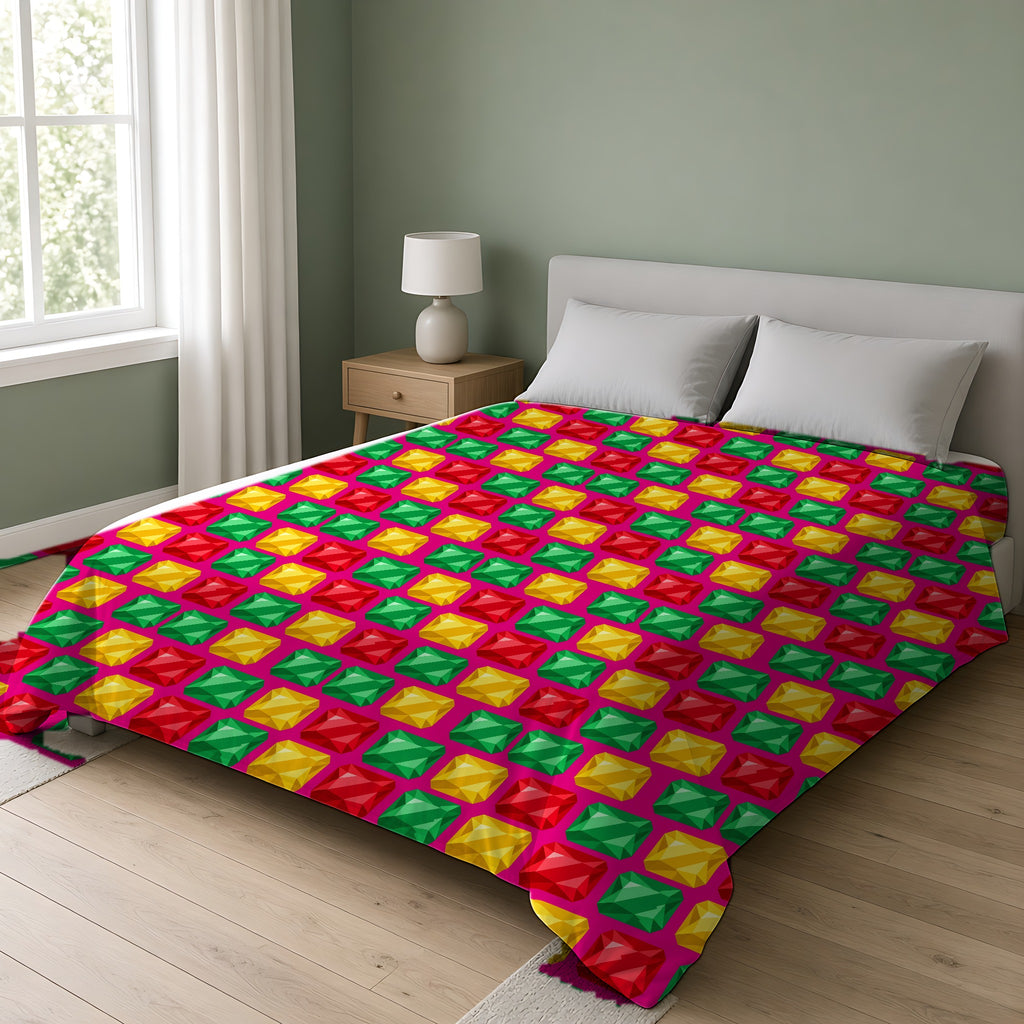 Big Stacked Gem Bars Cotton Duvet Cover on a double bed in a bright sage-green bedroom