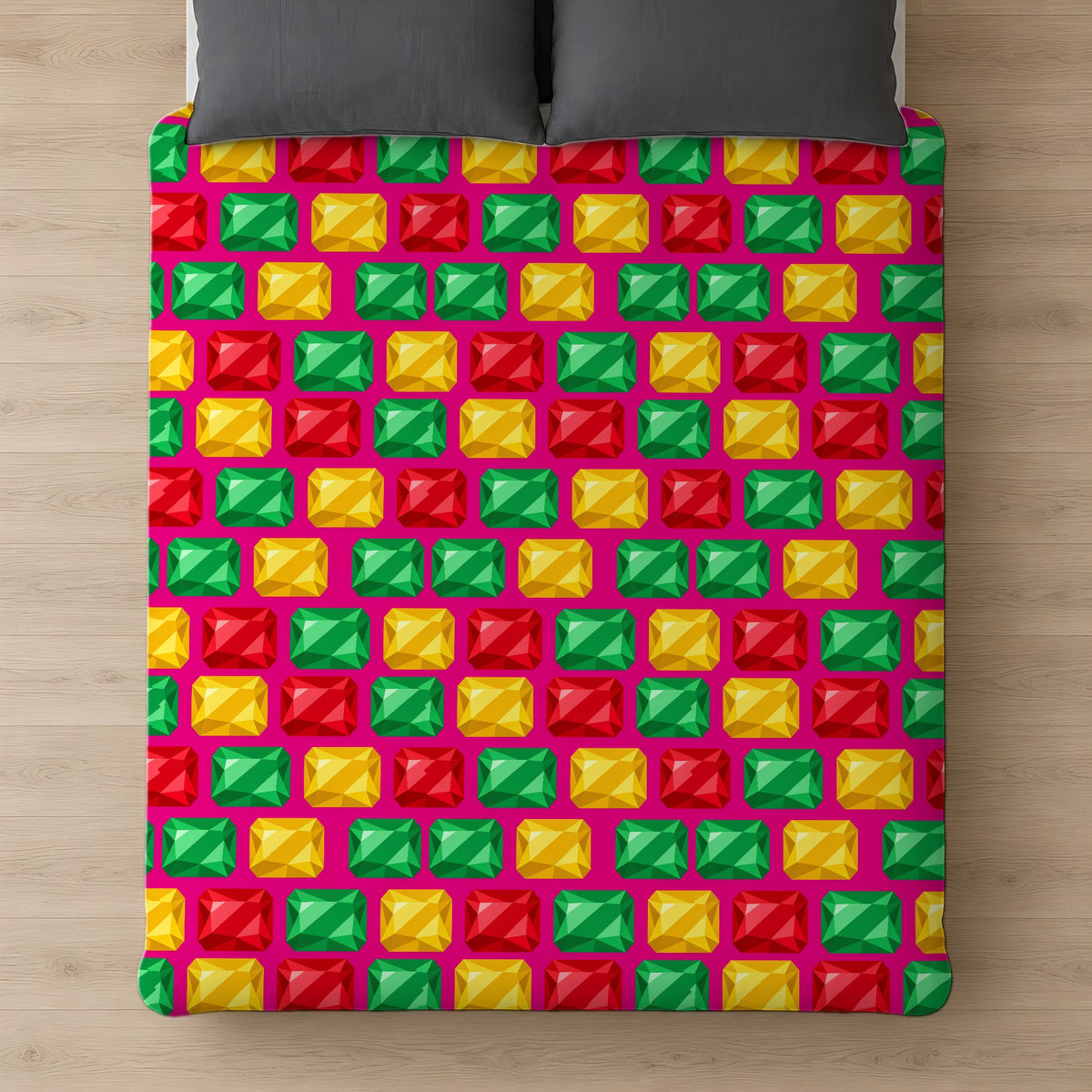 Big Stacked Gem Bars Cotton Duvet Cover on a bed, seen from above