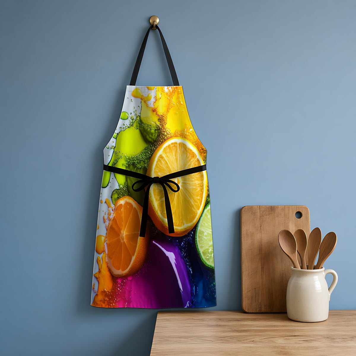Citrus Splash Apron hanging in a blue kitchen