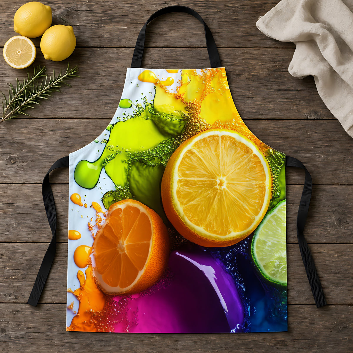 Citrus Splash Apron laid flat on a rustic wooden table