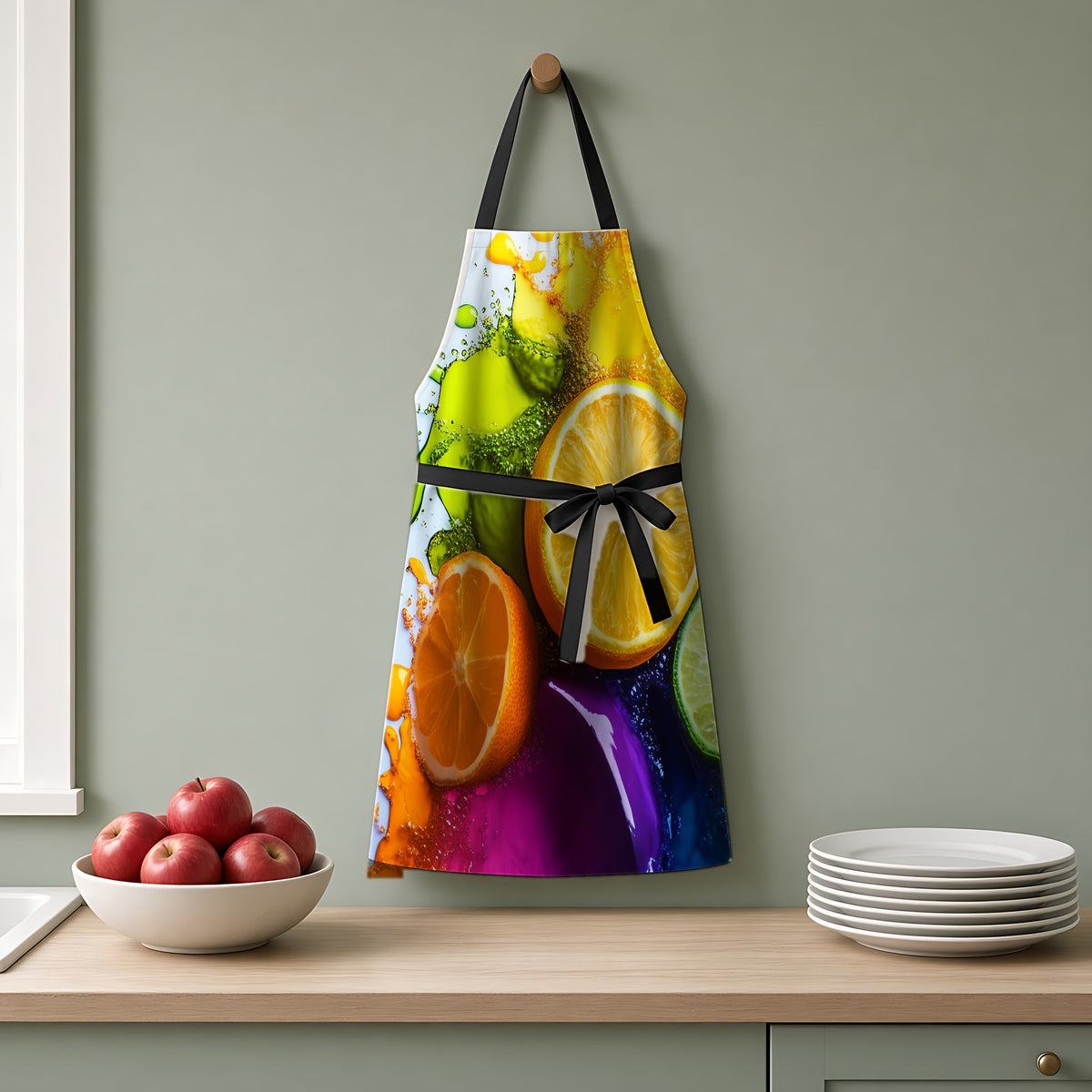 Citrus Splash Apron hanging on a sage-green kitchen wall