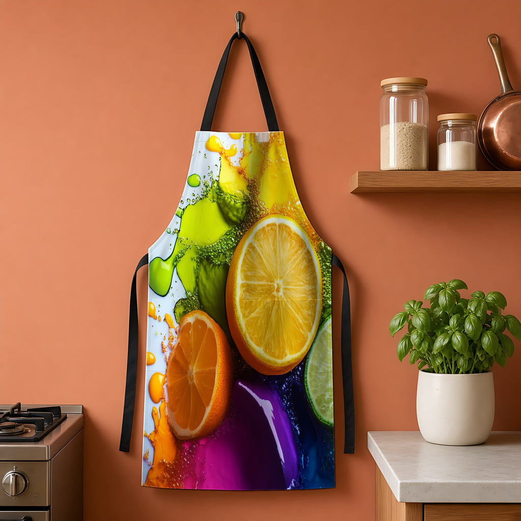 Citrus Splash Apron hanging on a terracotta kitchen wall
