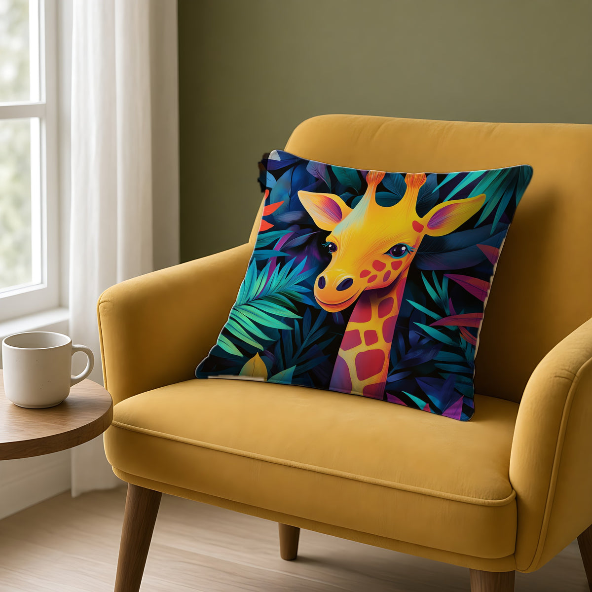 Jungle Giraffe Faux Suede Cushion on a mustard armchair by a window