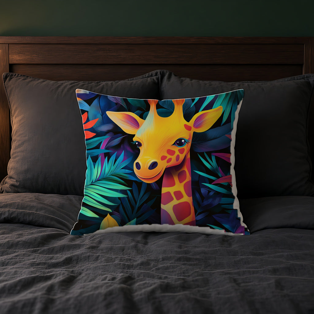 Jungle Giraffe Faux Suede Cushion on a bed with charcoal bedding