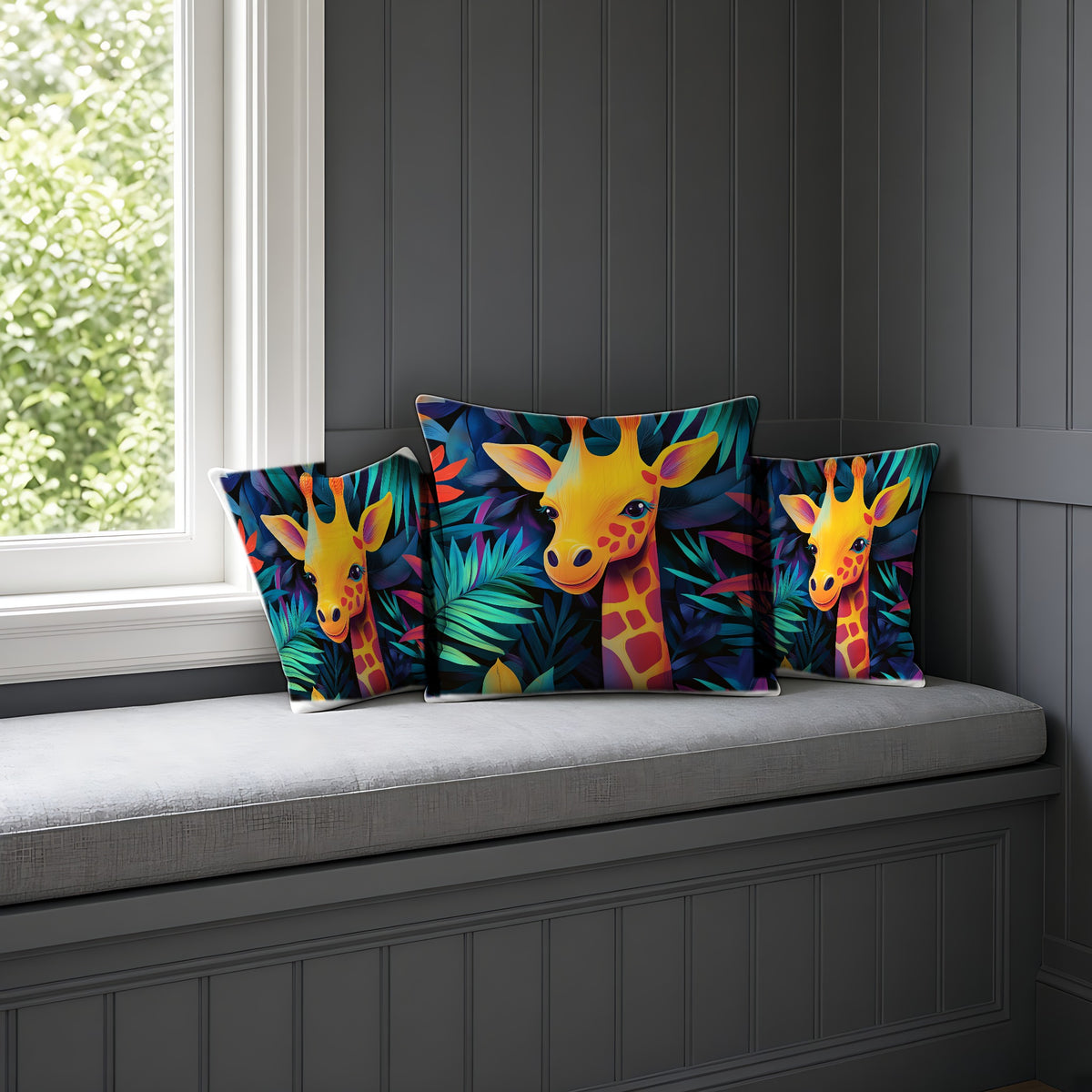 Jungle Giraffe Faux Suede Cushion on a window seat