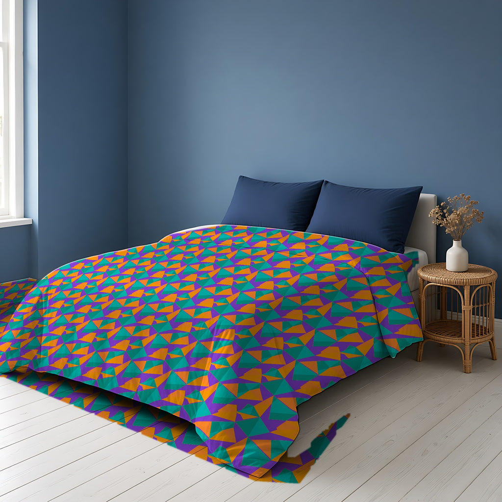Faceted Gold Panels Cotton Duvet Cover on a bed in a Scandinavian blue bedroom