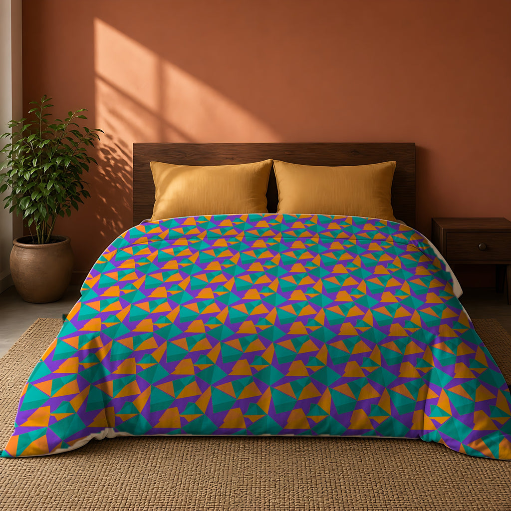 Faceted Gold Panels Cotton Duvet Cover on a king bed against a warm terracotta wall