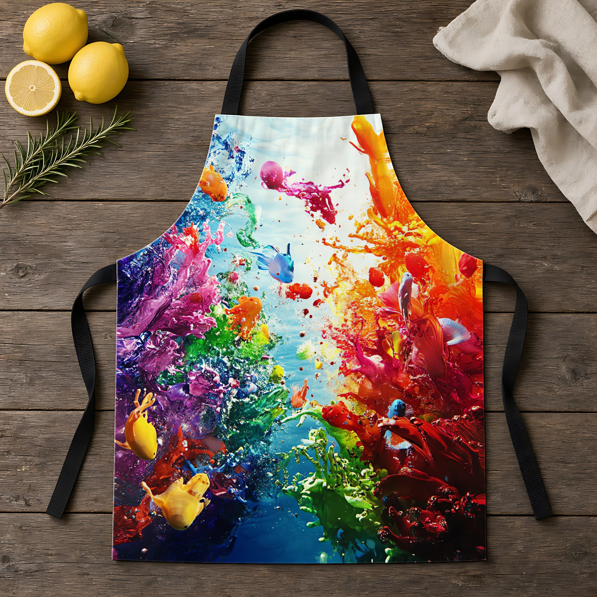 Coral Reef Splash Apron laid flat on a rustic wooden table