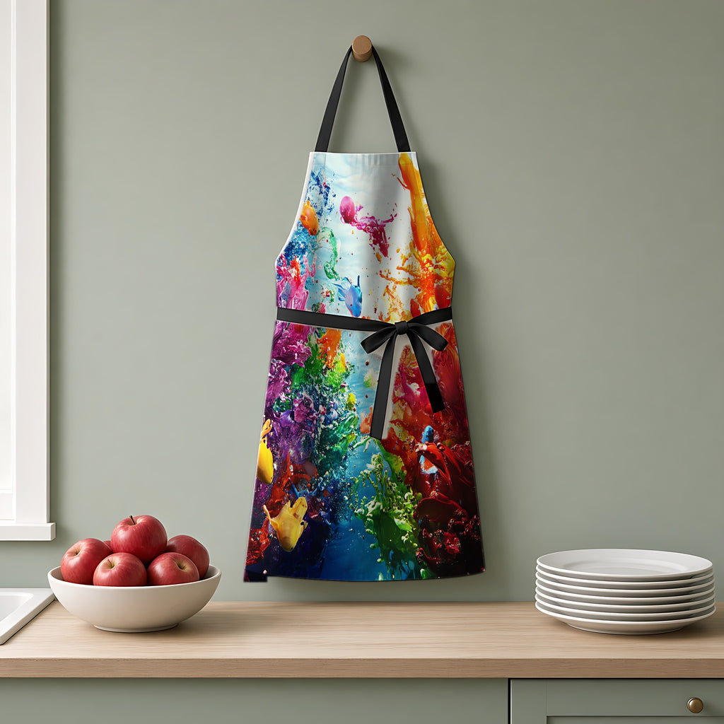 Coral Reef Splash Apron hanging on a sage-green kitchen wall