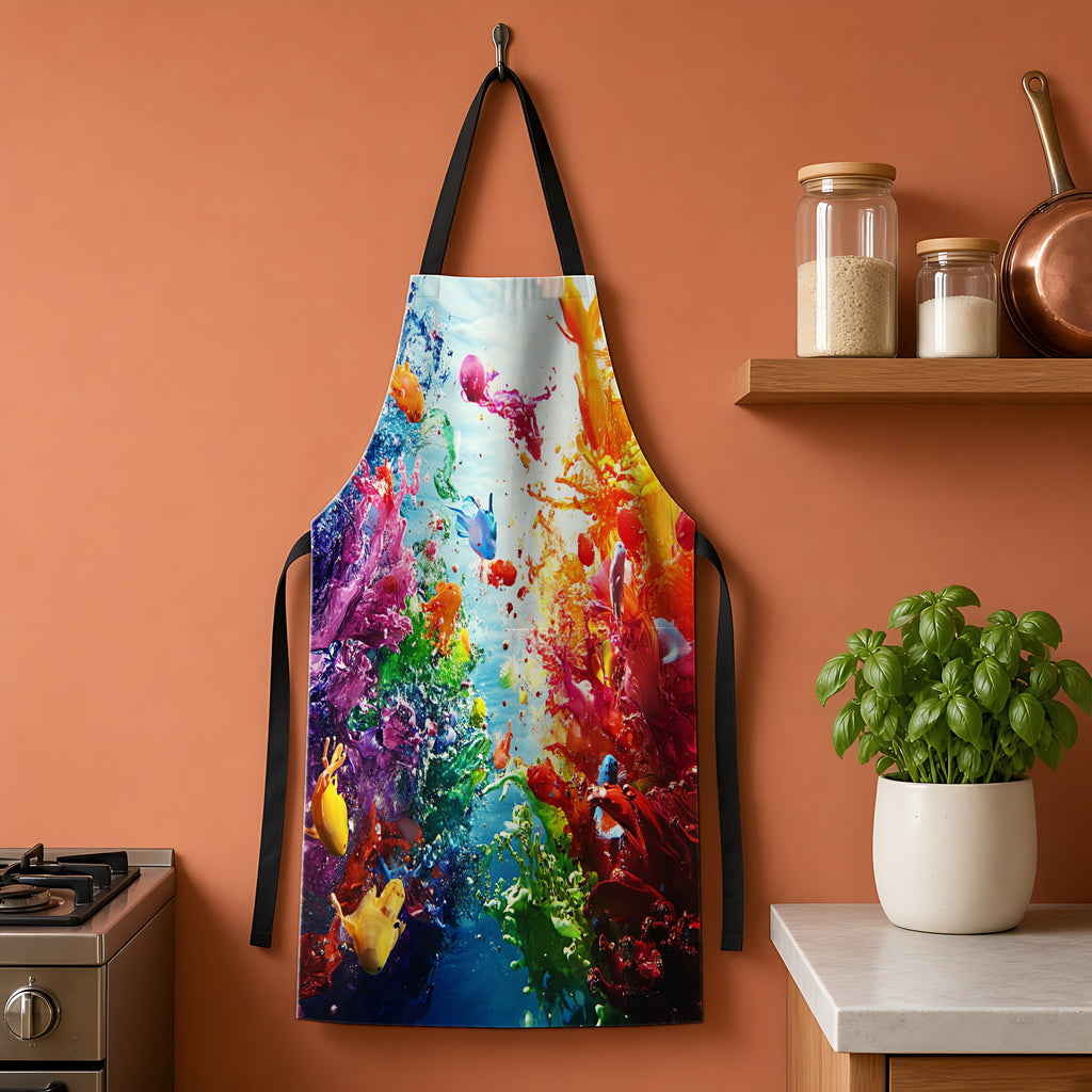 Coral Reef Splash Apron hanging on a terracotta kitchen wall