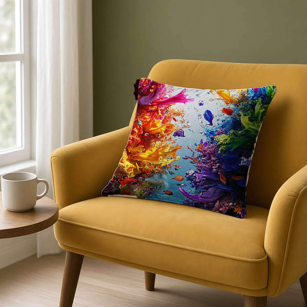 Rainbow Reef Bloom Faux Suede Cushion on a mustard armchair by a window