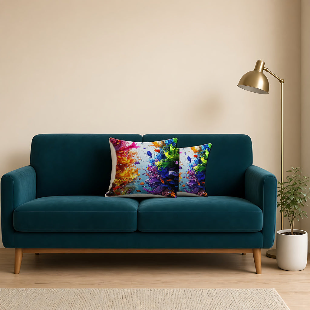 Rainbow Reef Bloom Faux Suede Cushion on a teal velvet sofa