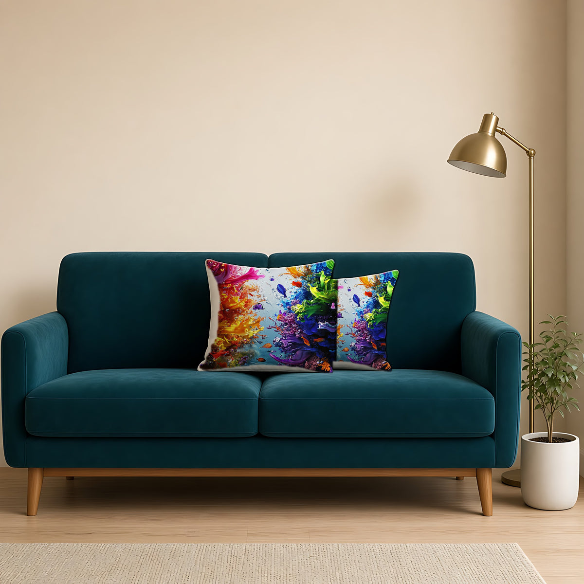 Rainbow Reef Bloom Faux Suede Cushion on a teal velvet sofa