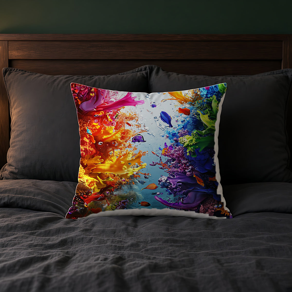 Rainbow Reef Bloom Faux Suede Cushion on a bed with charcoal bedding