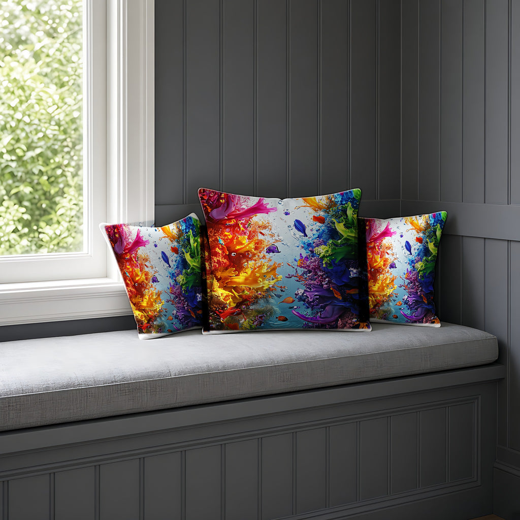 Rainbow Reef Bloom Faux Suede Cushion on a window seat