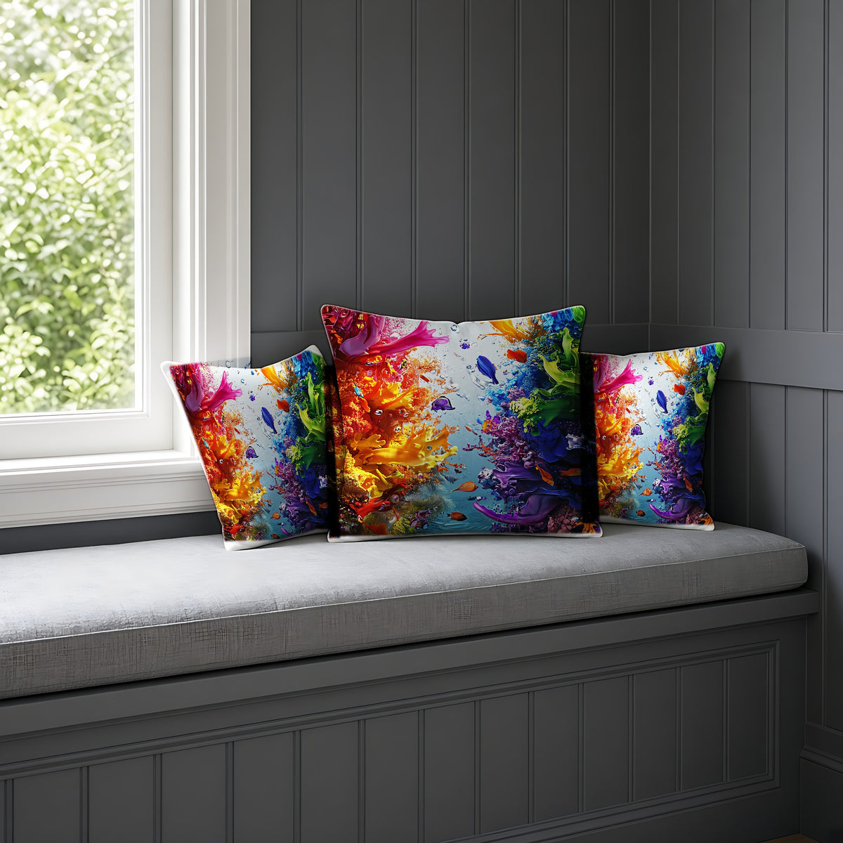 Rainbow Reef Bloom Faux Suede Cushion on a window seat