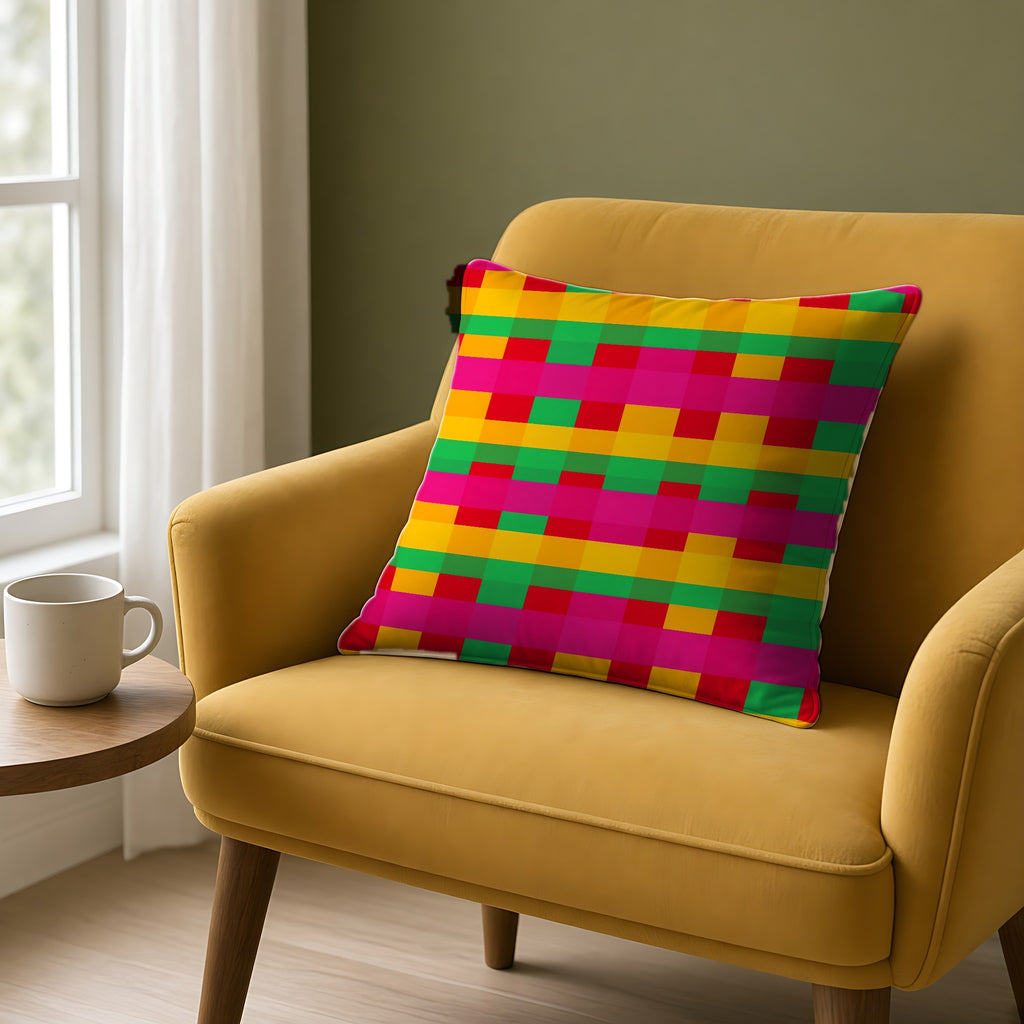 Grand Jewel Plaid Faux Suede Cushion on a mustard armchair by a window