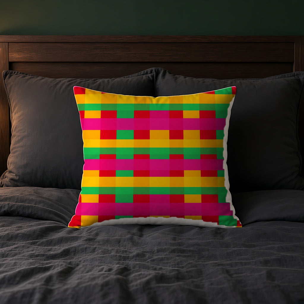 Grand Jewel Plaid Faux Suede Cushion on a bed with charcoal bedding