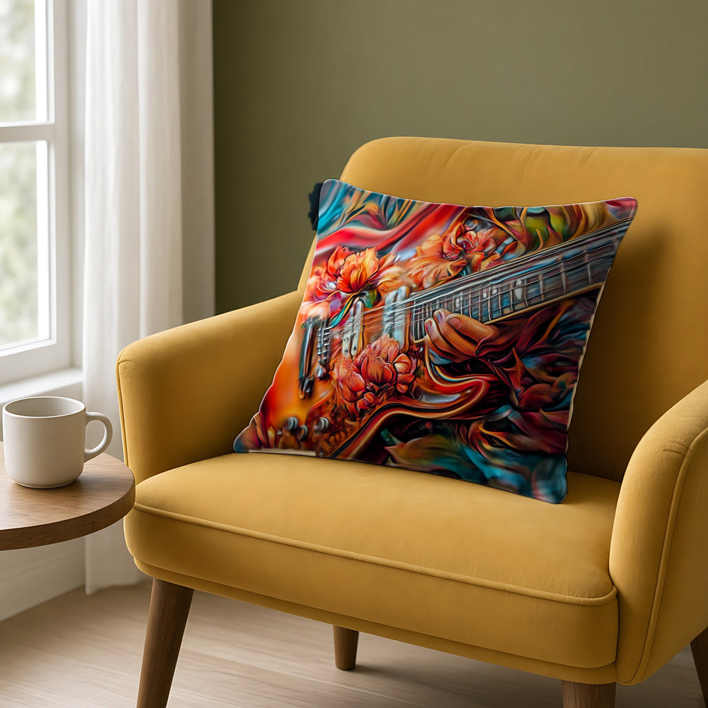 Floral Rock Guitar Faux Suede Cushion on a mustard armchair by a window