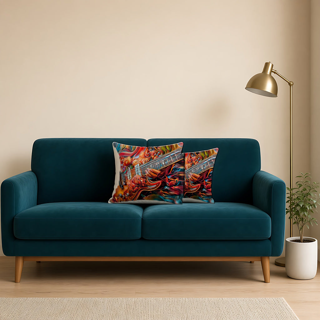 Floral Rock Guitar Faux Suede Cushion on a teal velvet sofa
