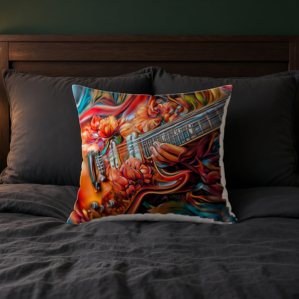 Floral Rock Guitar Faux Suede Cushion on a bed with charcoal bedding