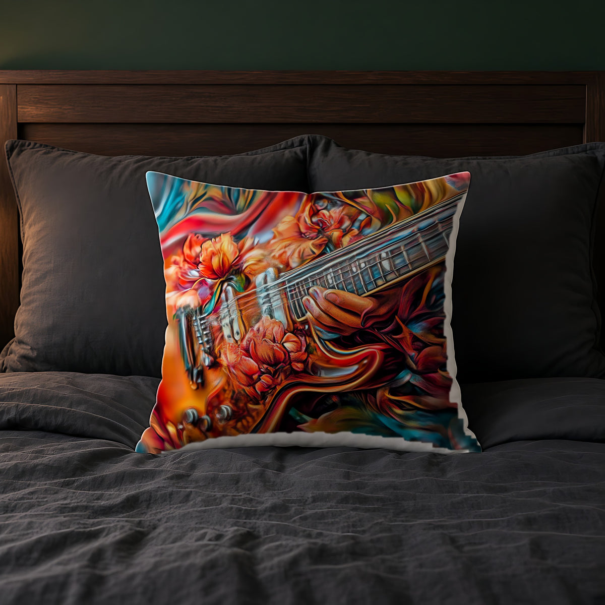 Floral Rock Guitar Faux Suede Cushion on a bed with charcoal bedding