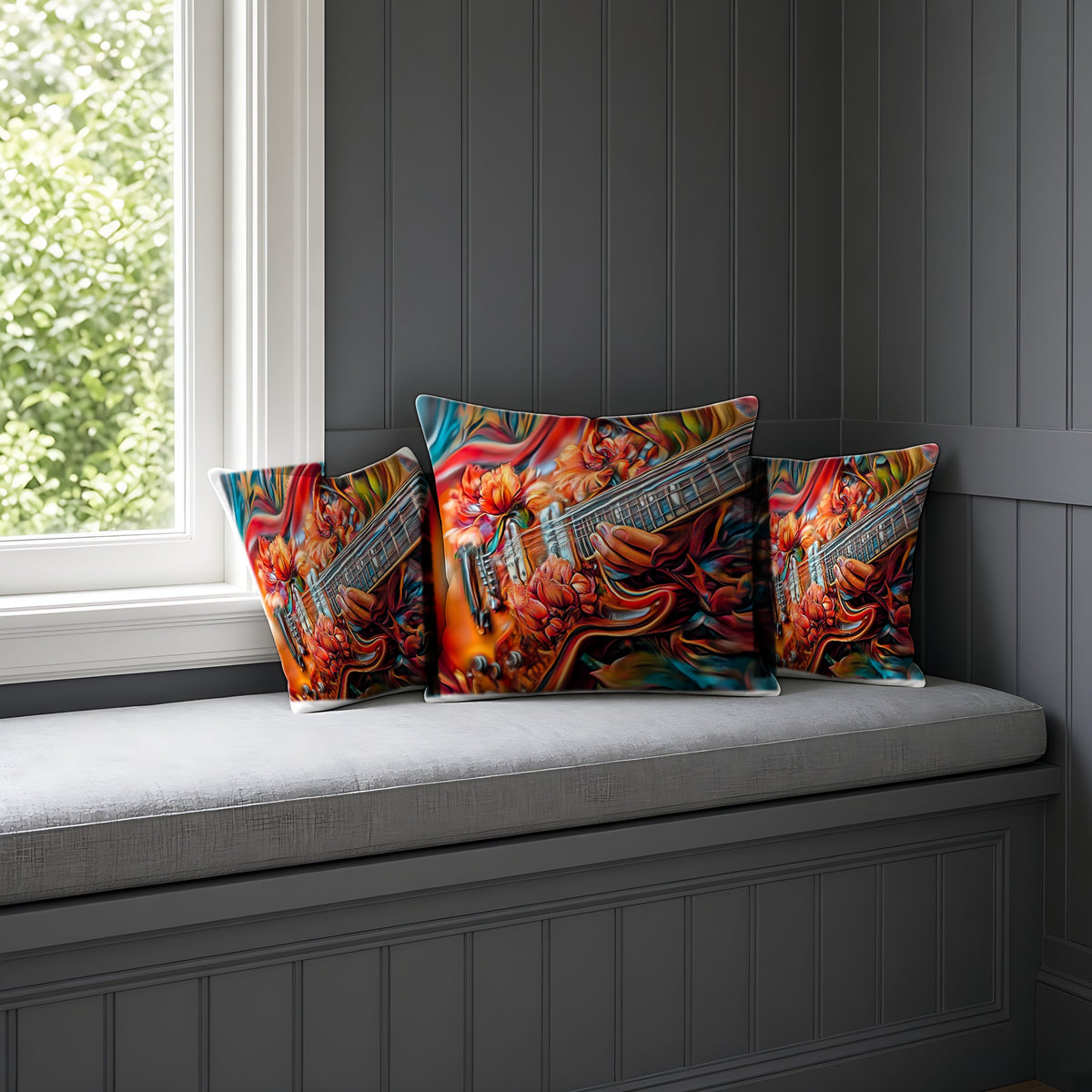 Floral Rock Guitar Faux Suede Cushion on a window seat