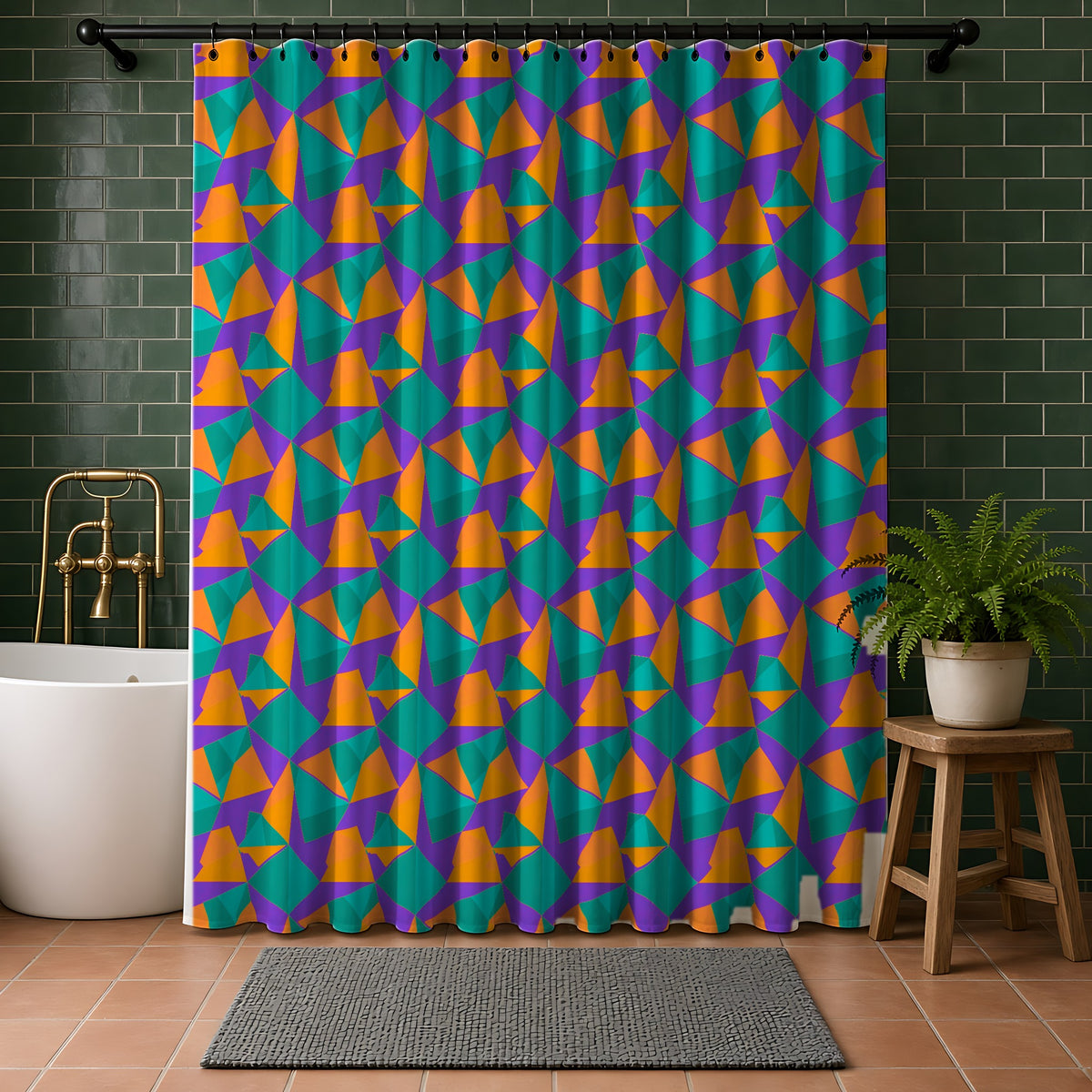 Faceted Gold Panels Shower Curtain in a bathroom with dark green tiles