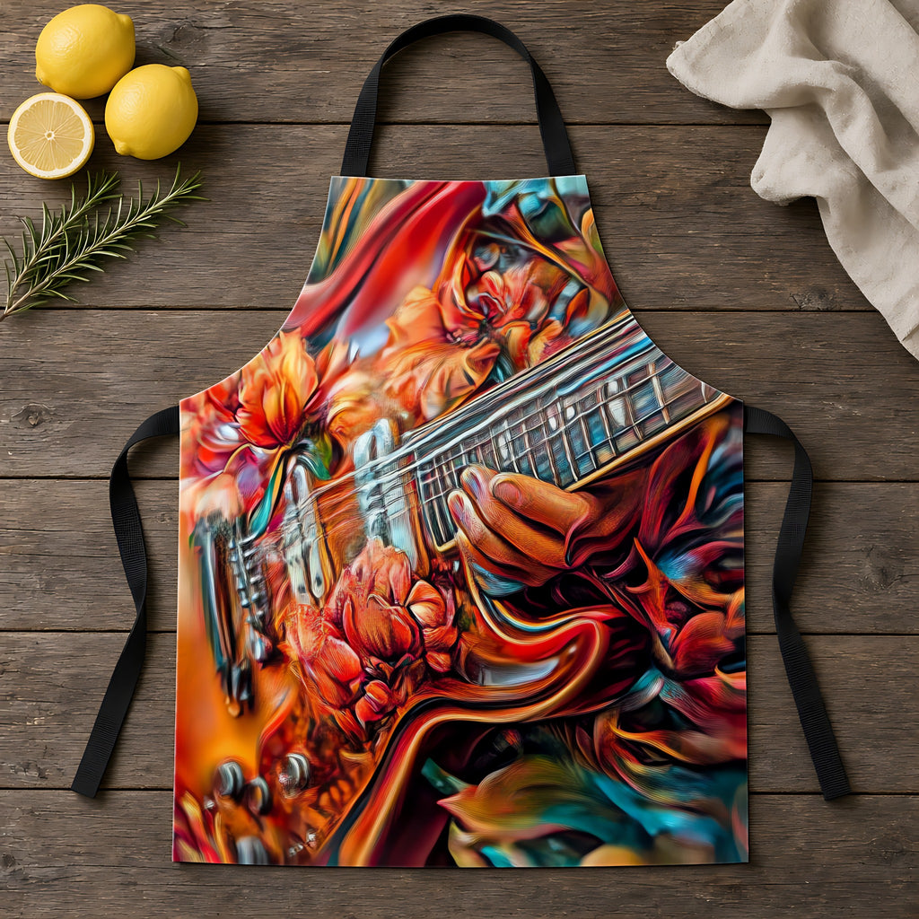 Floral Rock Guitar Apron laid flat on a rustic wooden table