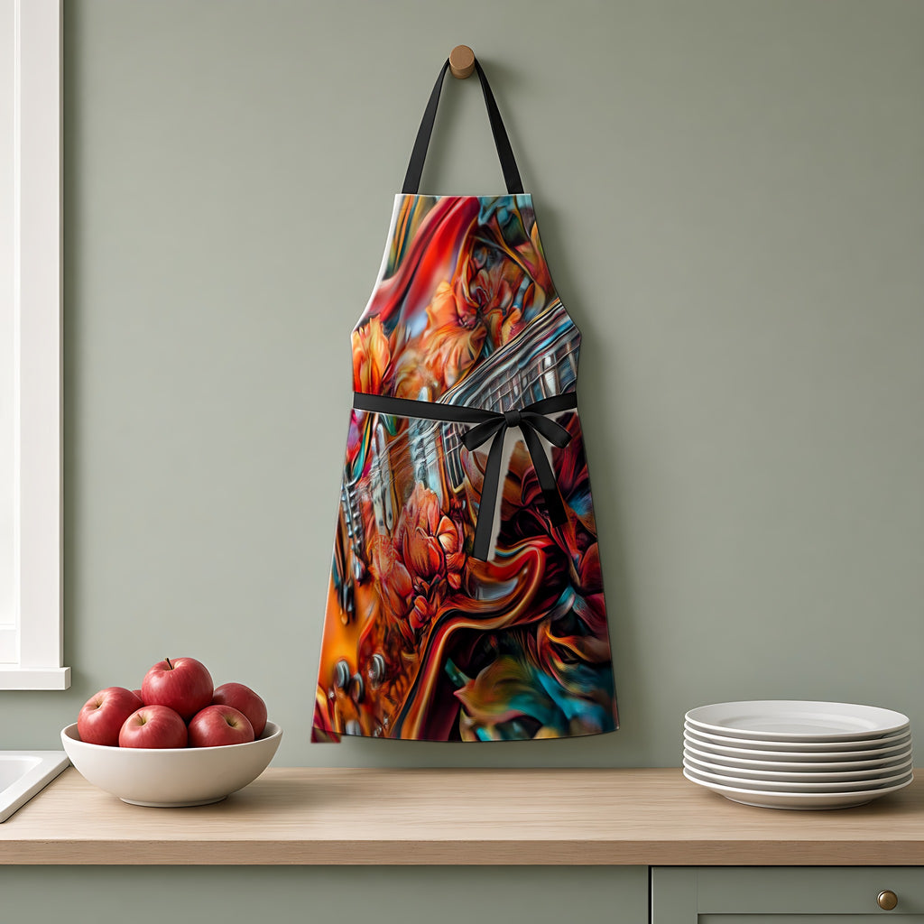 Floral Rock Guitar Apron hanging on a sage-green kitchen wall