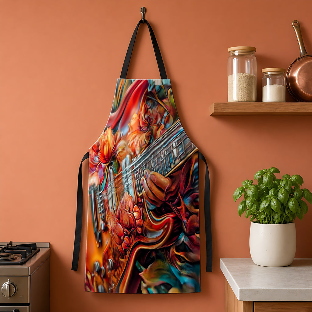 Floral Rock Guitar Apron hanging on a terracotta kitchen wall