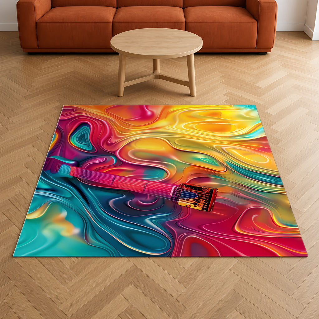 Ocean Swirl Flow Outdoor Rug on a herringbone wood floor in a living room