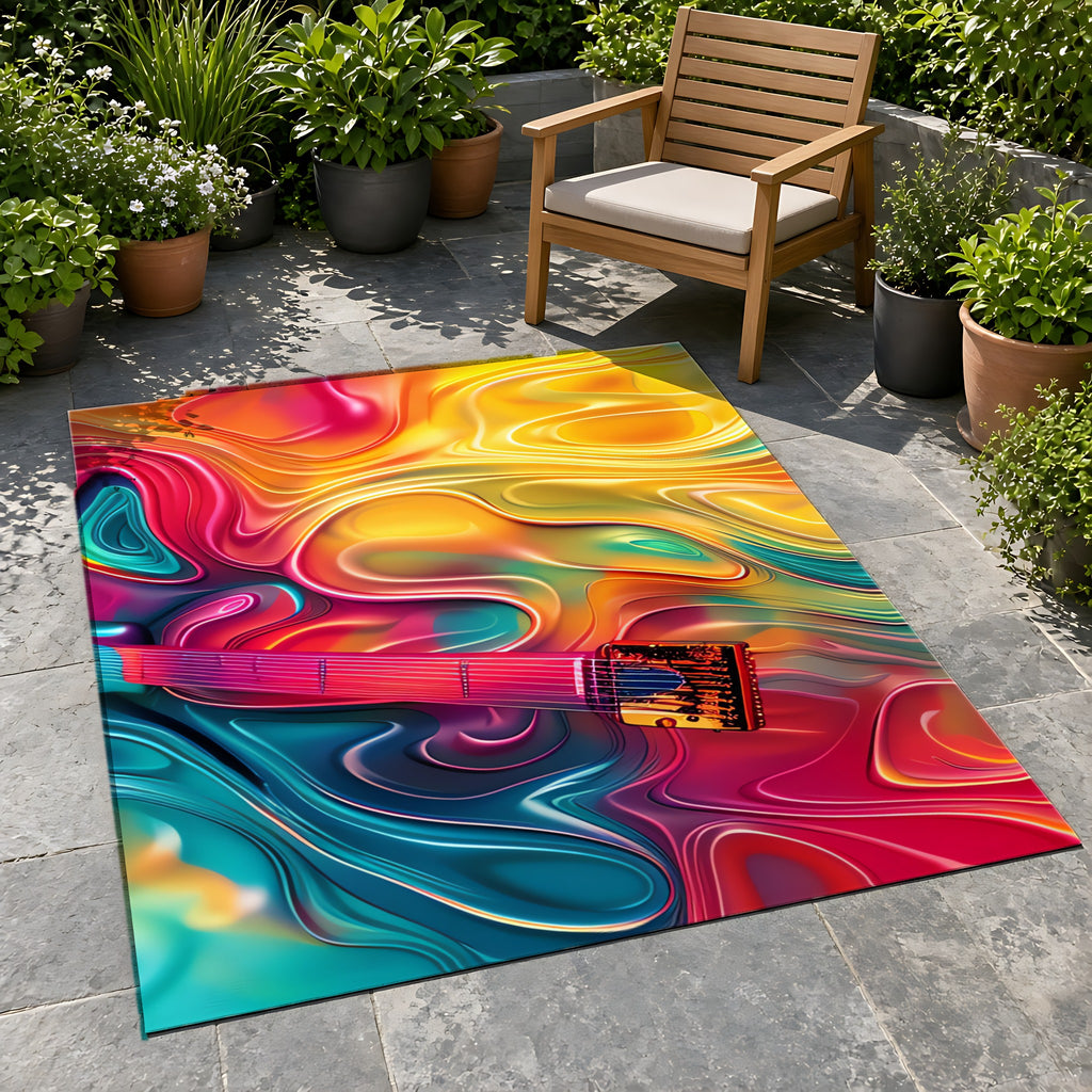 Ocean Swirl Flow Outdoor Rug on a stone patio with potted plants