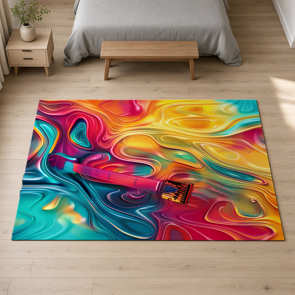 Ocean Swirl Flow Outdoor Rug on a pale oak floor in a calm bedroom