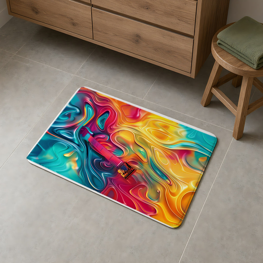 Ocean Swirl Flow Bath Mat on a grey tiled bathroom floor