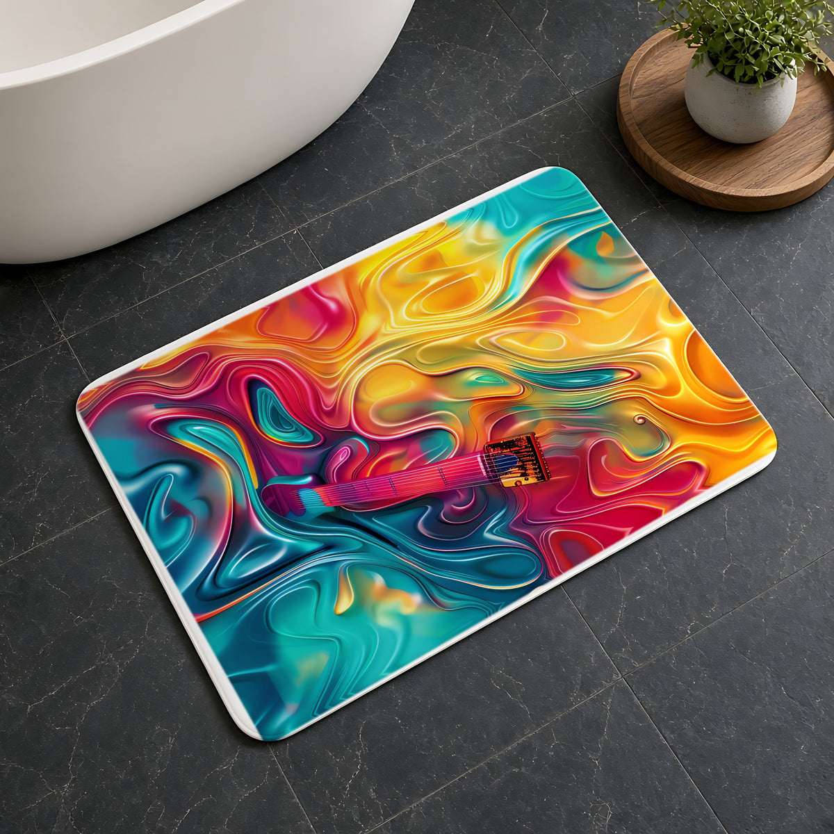 Ocean Swirl Flow Bath Mat on a dark slate floor beside a bath