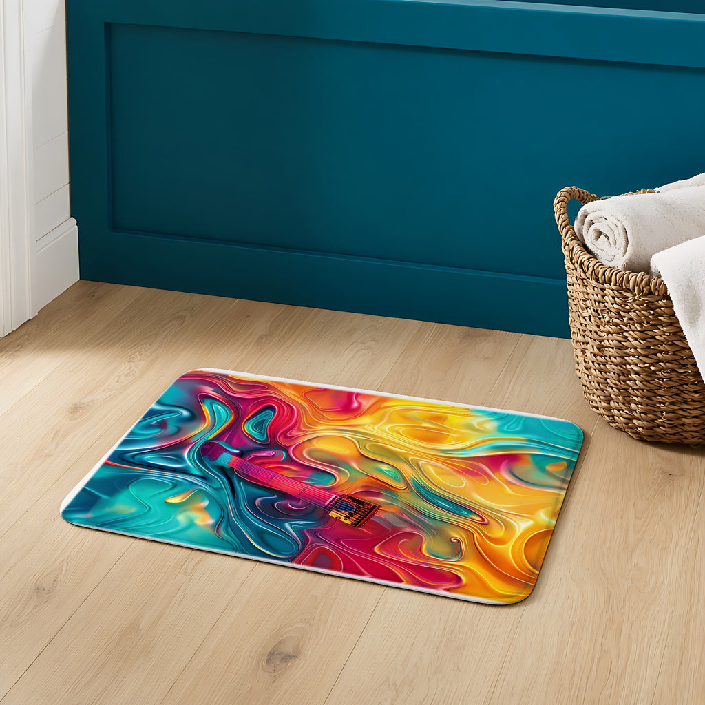 Ocean Swirl Flow Bath Mat on an oak floor in a teal bathroom