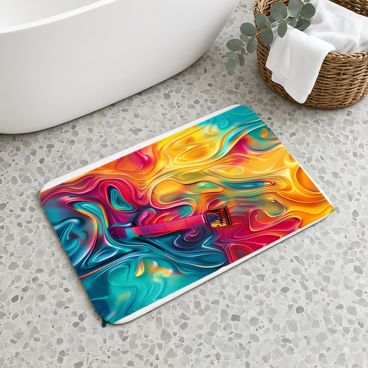 Ocean Swirl Flow Bath Mat on a terrazzo floor beside a freestanding bath