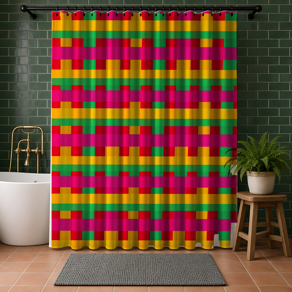 Grand Jewel Plaid Shower Curtain in a bathroom with dark green tiles