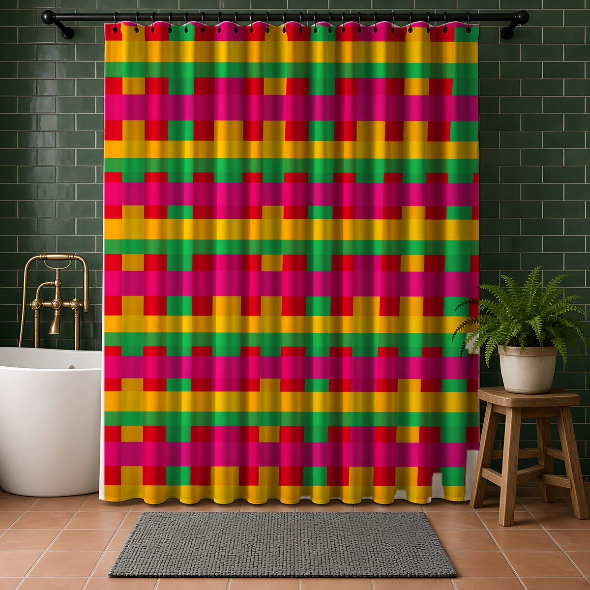 Grand Jewel Plaid Shower Curtain in a bathroom with dark green tiles
