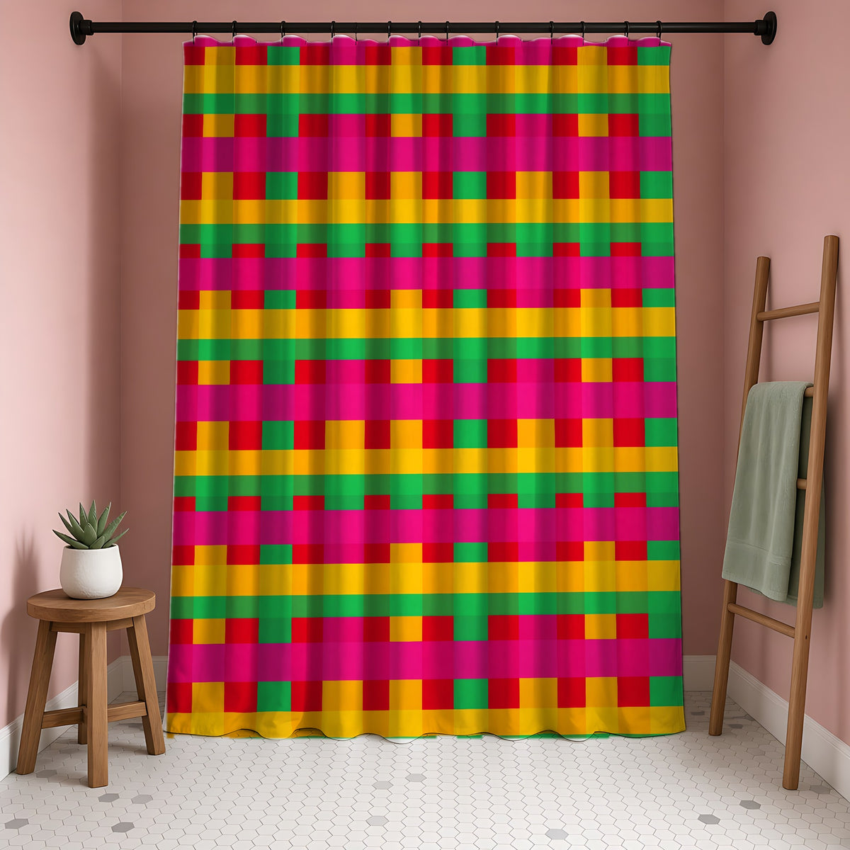 Grand Jewel Plaid Shower Curtain in a blush-pink bathroom