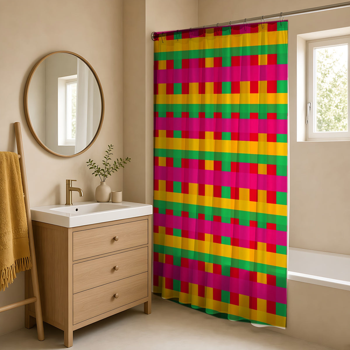 Grand Jewel Plaid Shower Curtain in a warm neutral bathroom with an oak vanity