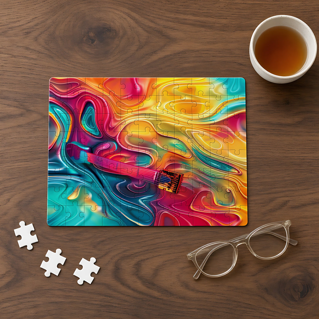 Ocean Swirl Flow Jigsaw Puzzle with Tin completed on a walnut table