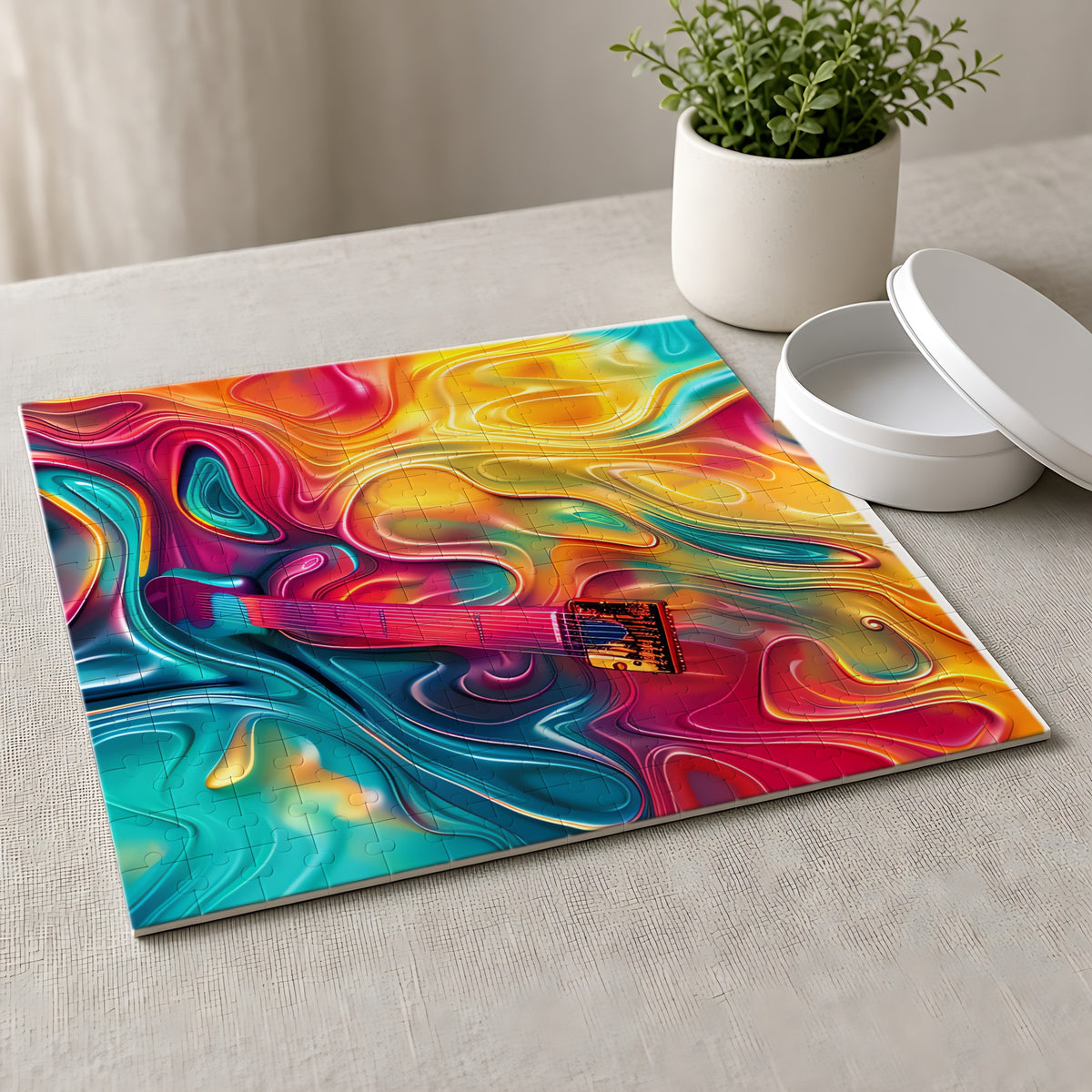 Ocean Swirl Flow Jigsaw Puzzle with Tin completed on a linen tablecloth