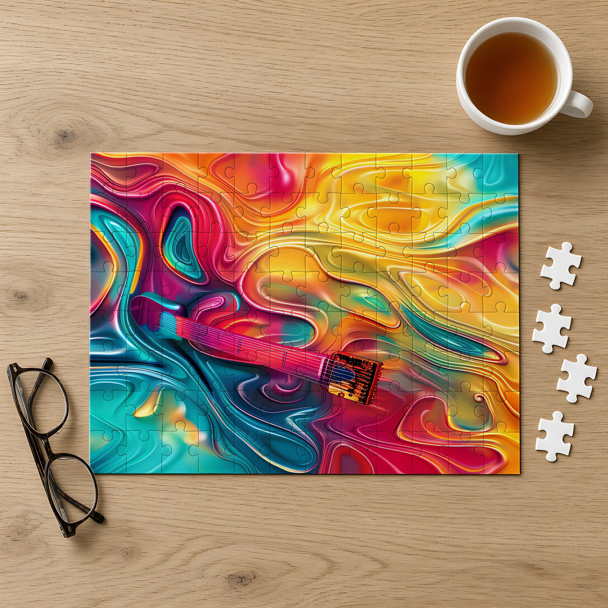 Ocean Swirl Flow Jigsaw Puzzle with Tin completed on a light oak table with a cup of tea