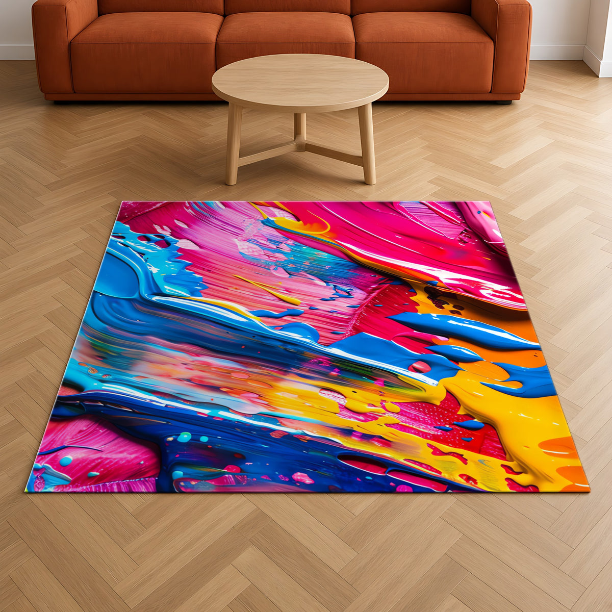 Rainbow Paint Smear Outdoor Rug on a herringbone wood floor in a living room