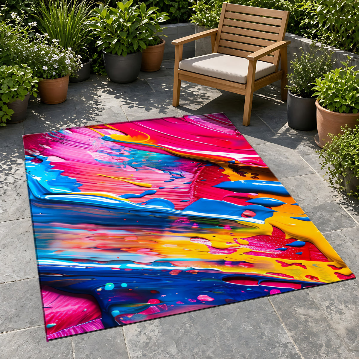 Rainbow Paint Smear Outdoor Rug on a stone patio with potted plants