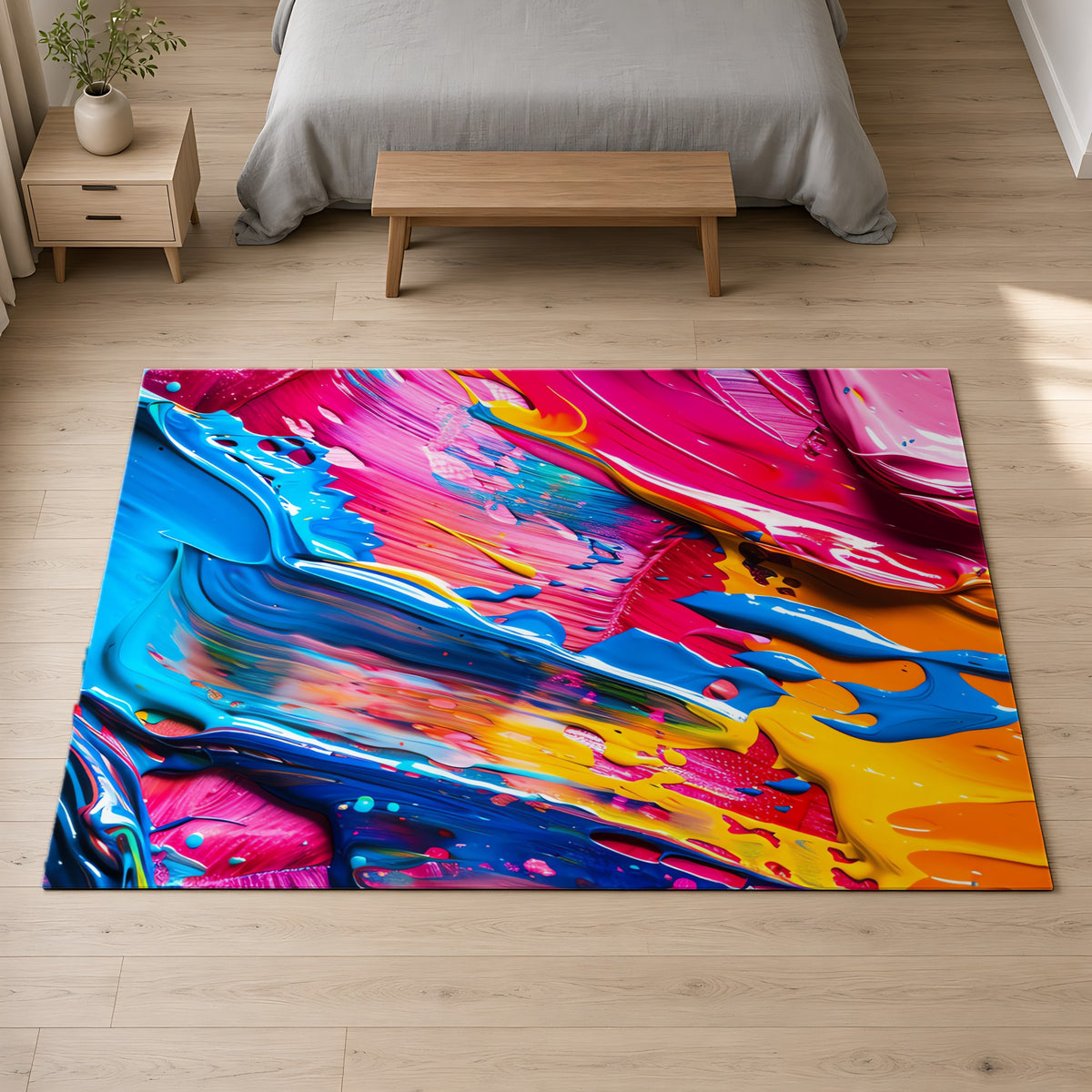 Rainbow Paint Smear Outdoor Rug on a pale oak floor in a calm bedroom