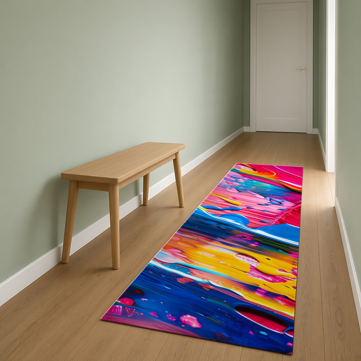 Rainbow Paint Smear Outdoor Rug as a runner in a sage-green hallway