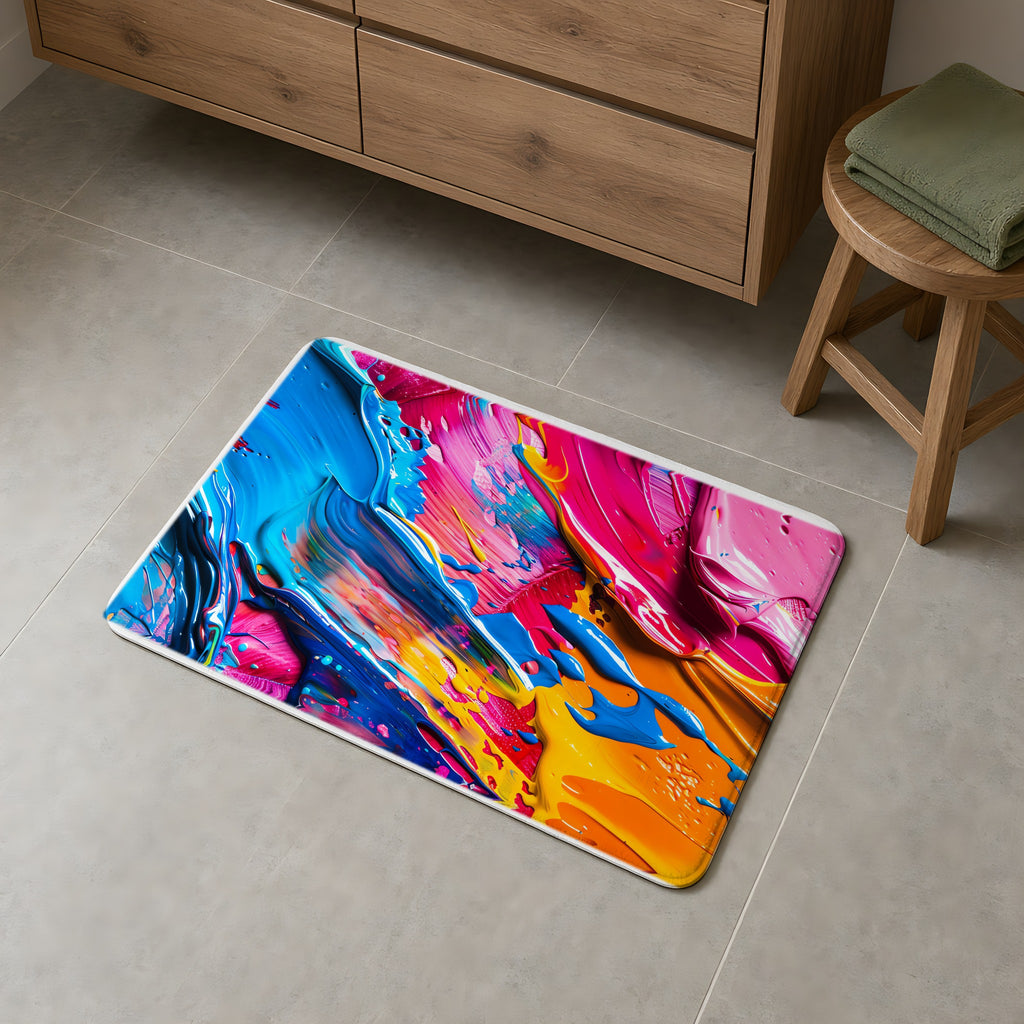 Rainbow Paint Smear Bath Mat on a grey tiled bathroom floor